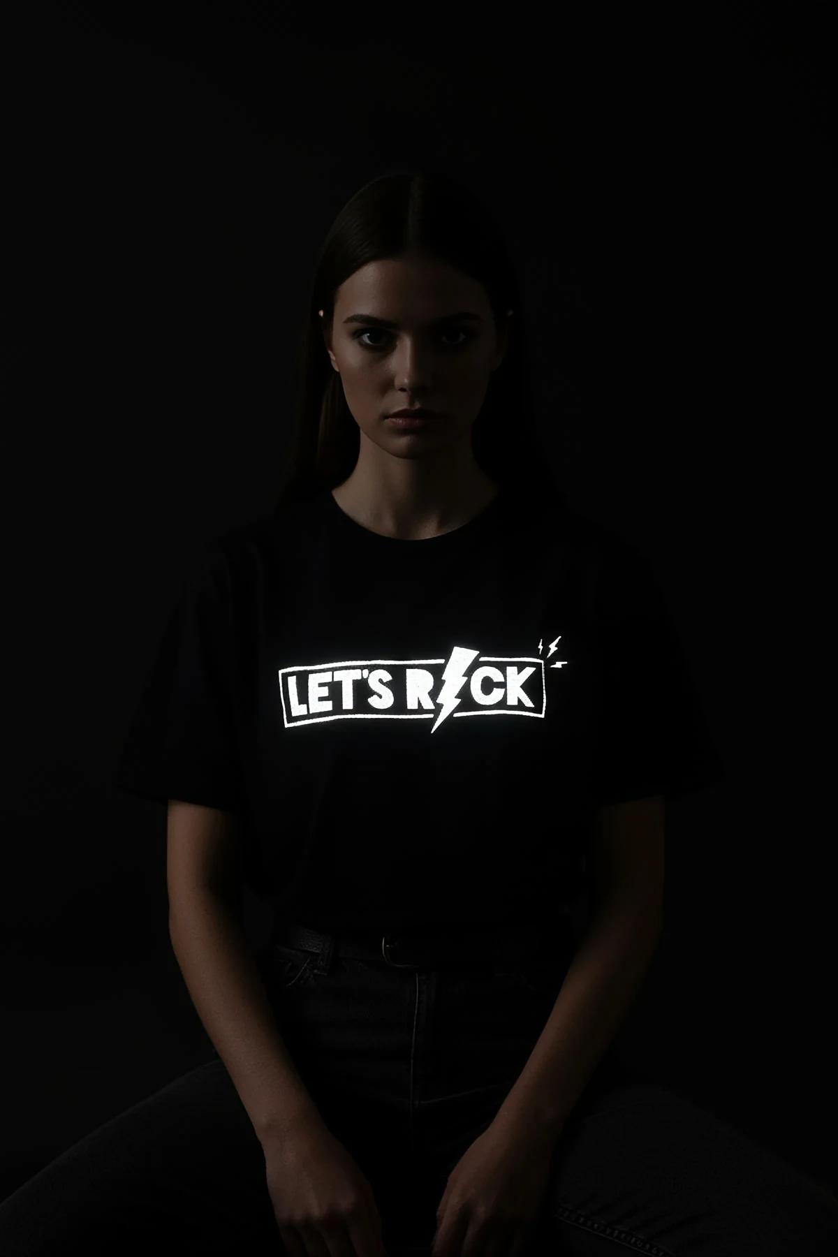 Black Cotton Reflective T-Shirt Men 'LET'S ROCK' Graphic
