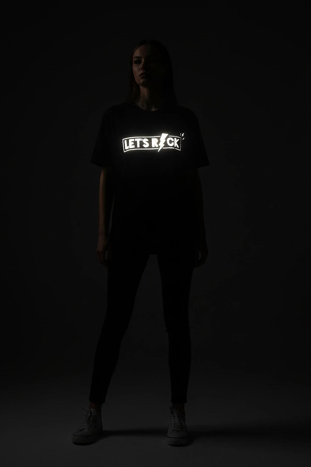 Black Cotton Reflective T-Shirt Men 'LET'S ROCK' Graphic