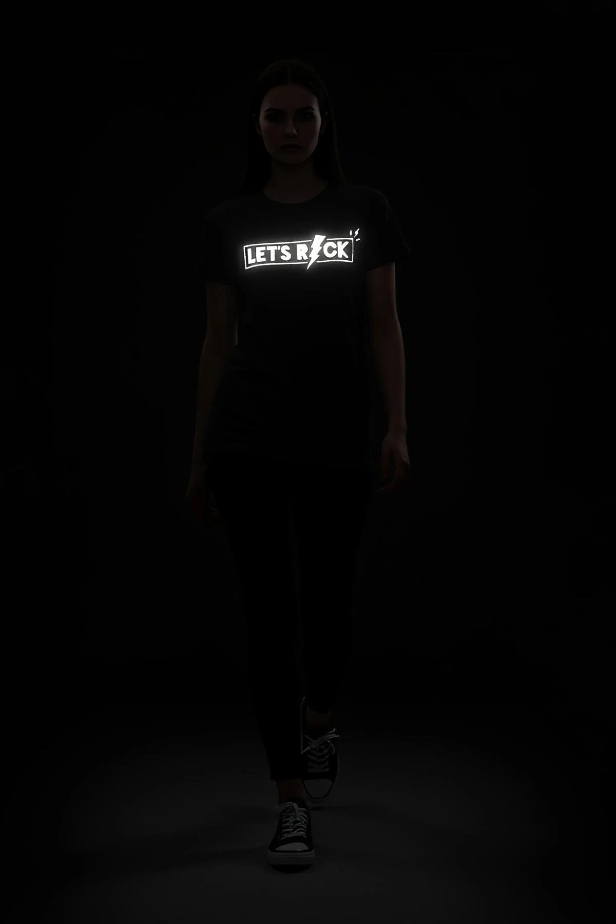 Black Cotton Reflective T-Shirt Men 'LET'S ROCK' Graphic
