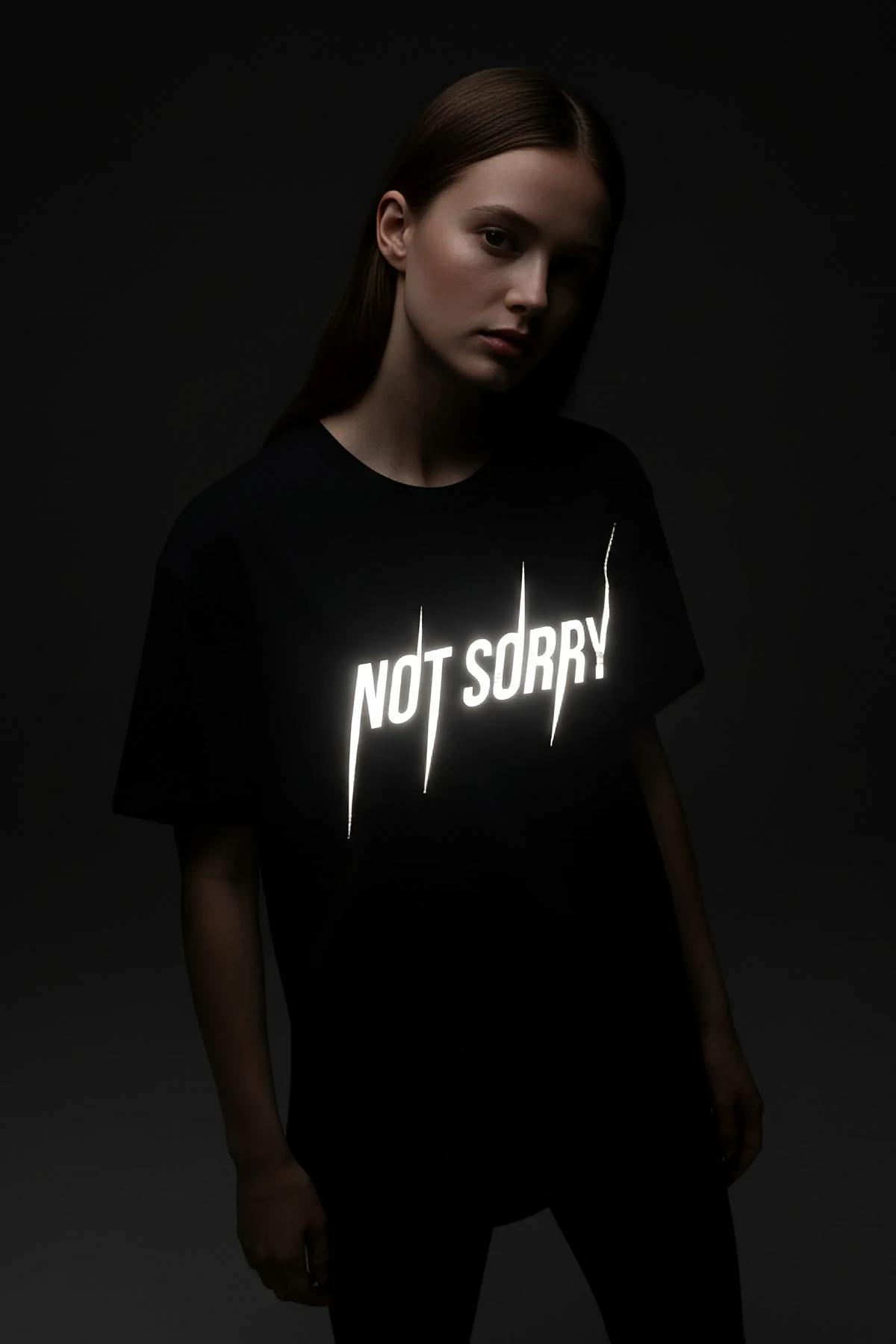 Black Reflective Graphic T-Shirt "NOT SORRY" Statement Print