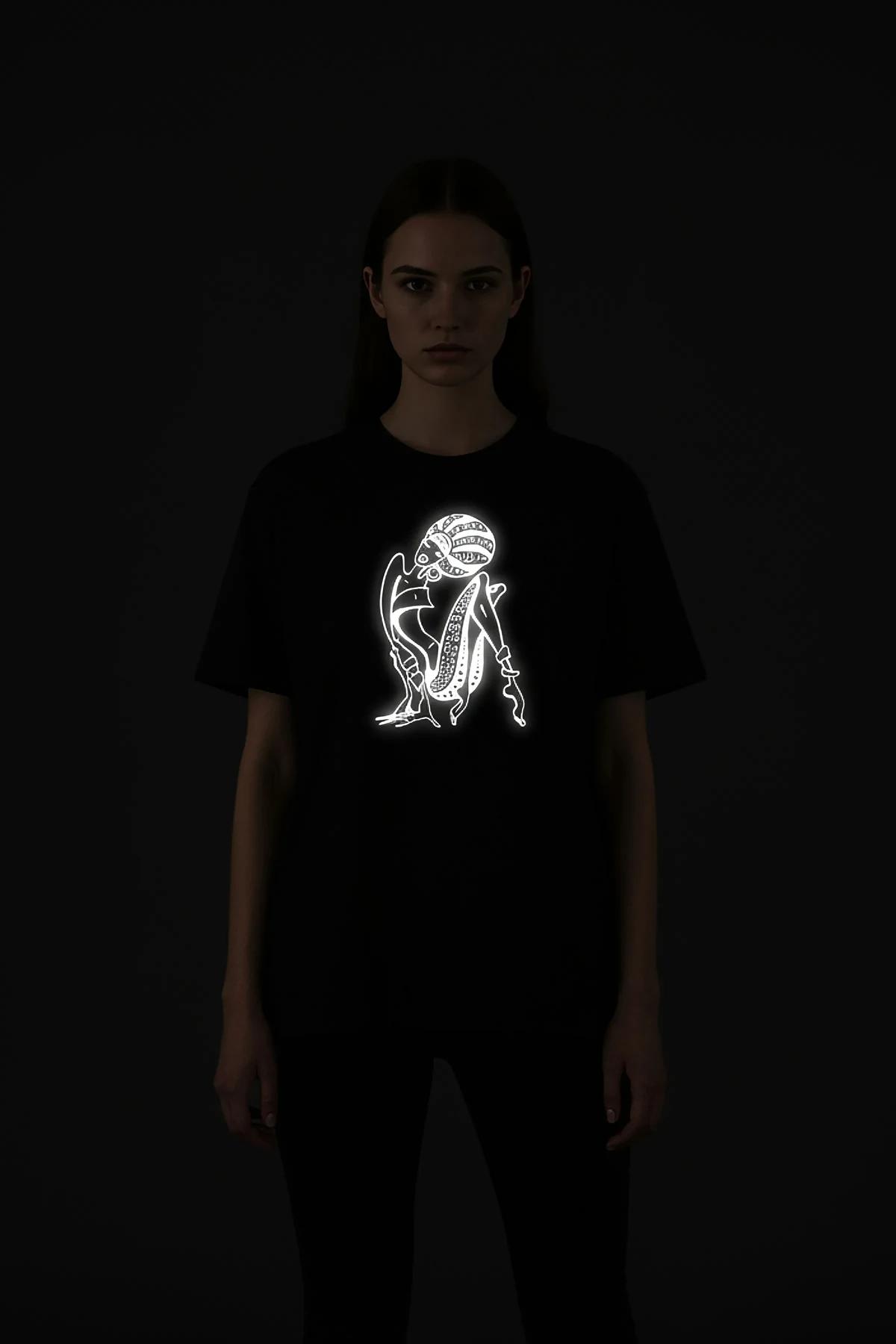 Custom graphic black tee with reflective dancer