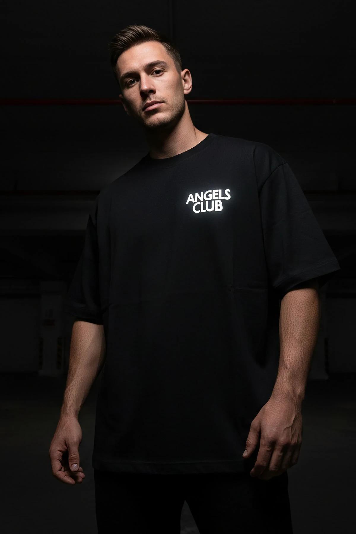 Black Oversized Reflective T-Shirt with 'Angels Club' Print Men
