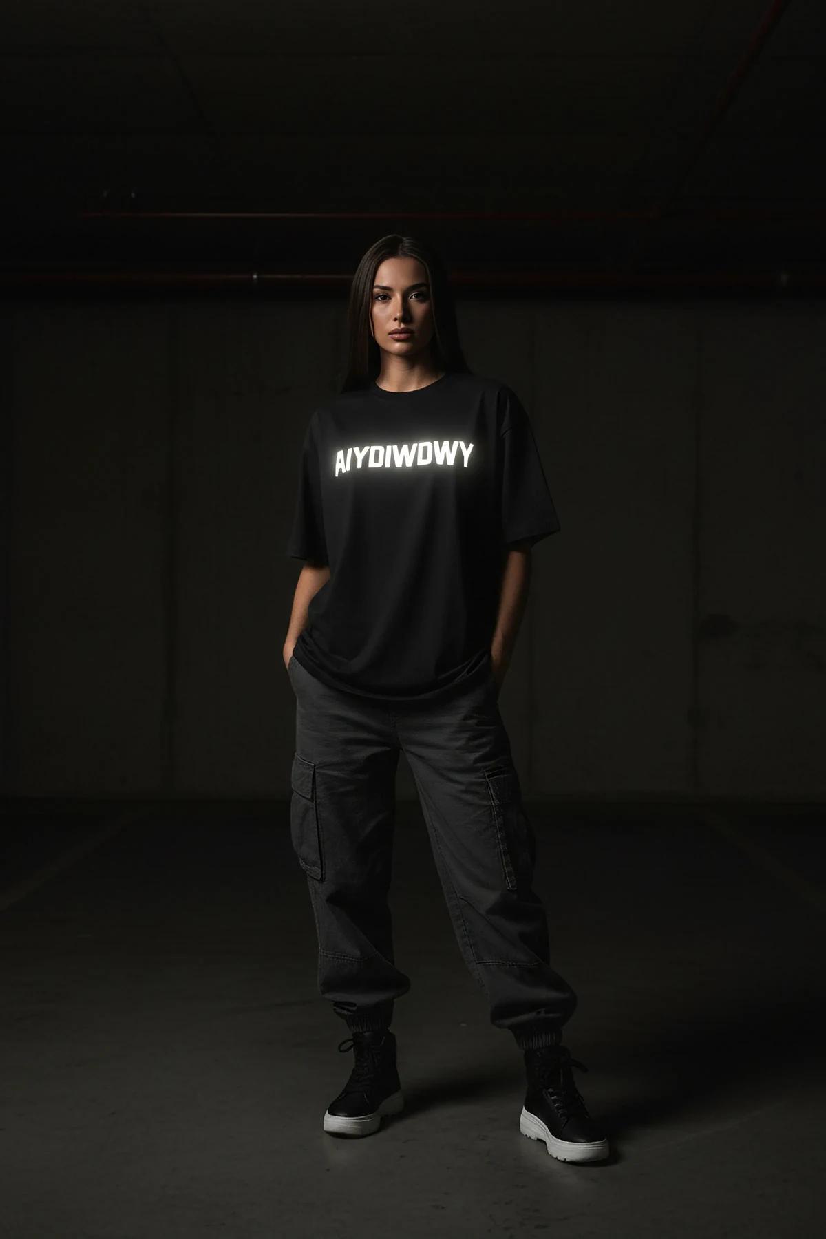 Oversized Reflective Graphic T-Shirt Black with White Text Streetwear Style