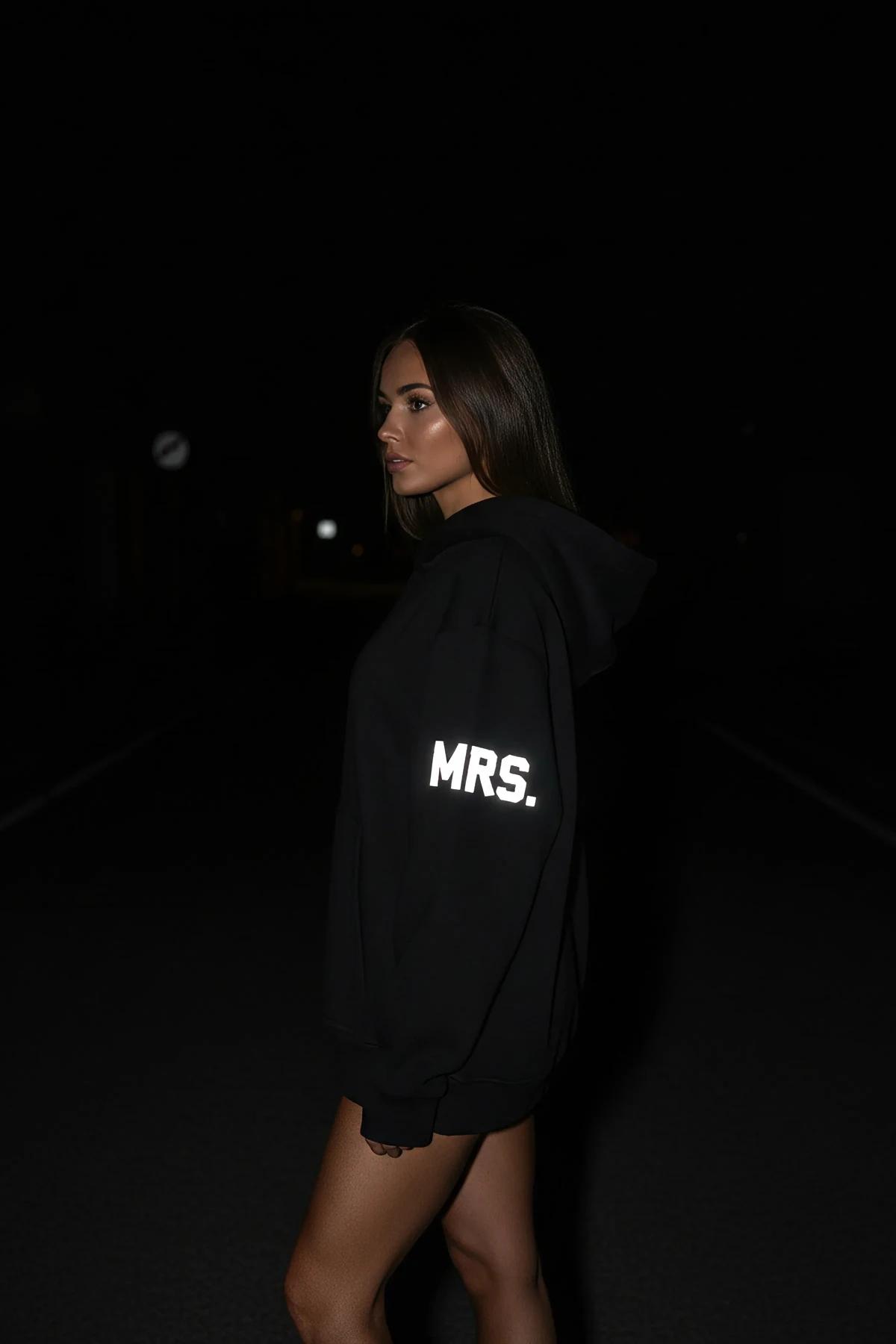 Black Reflective Mrs. Hoodie Women Oversized Glow-in-the-Dark Sleeve Print