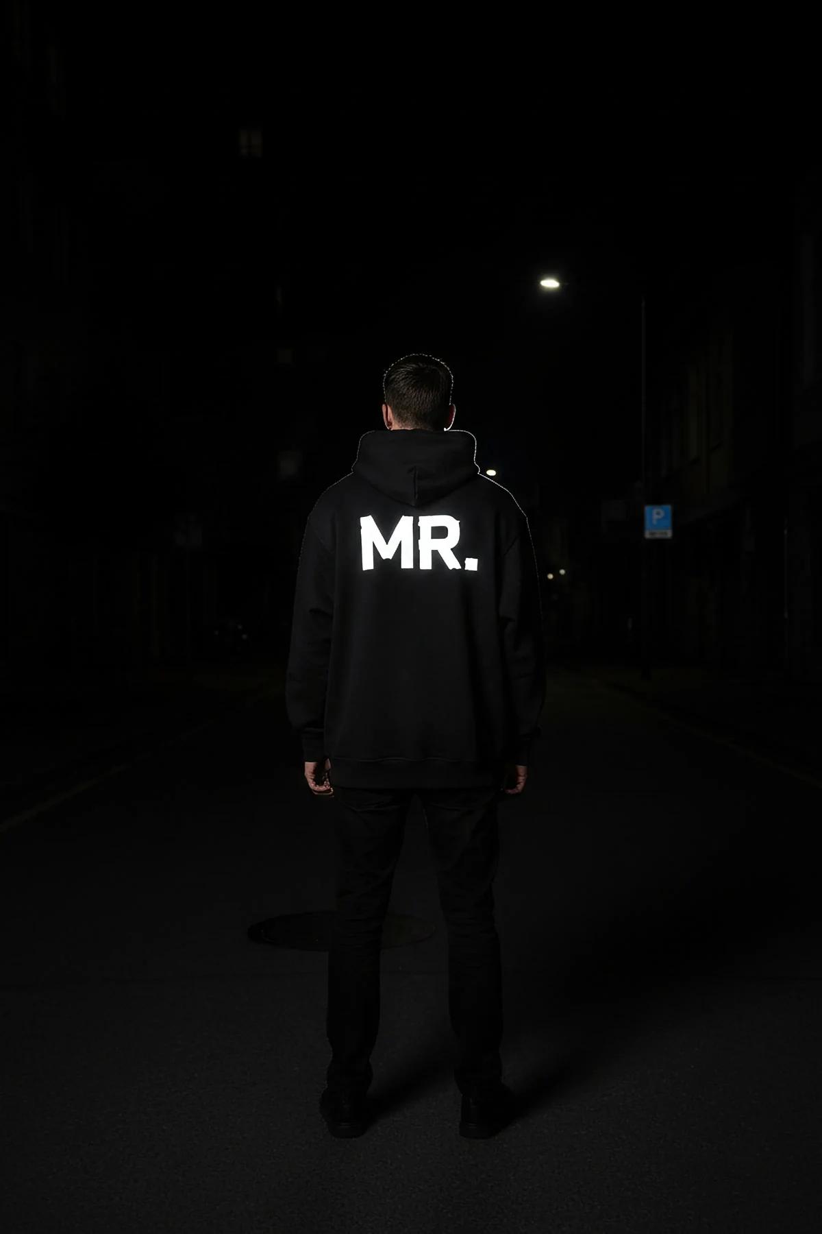 Black Reflective Mrs. Hoodie Women Oversized Glow-in-the-Dark Sleeve Print