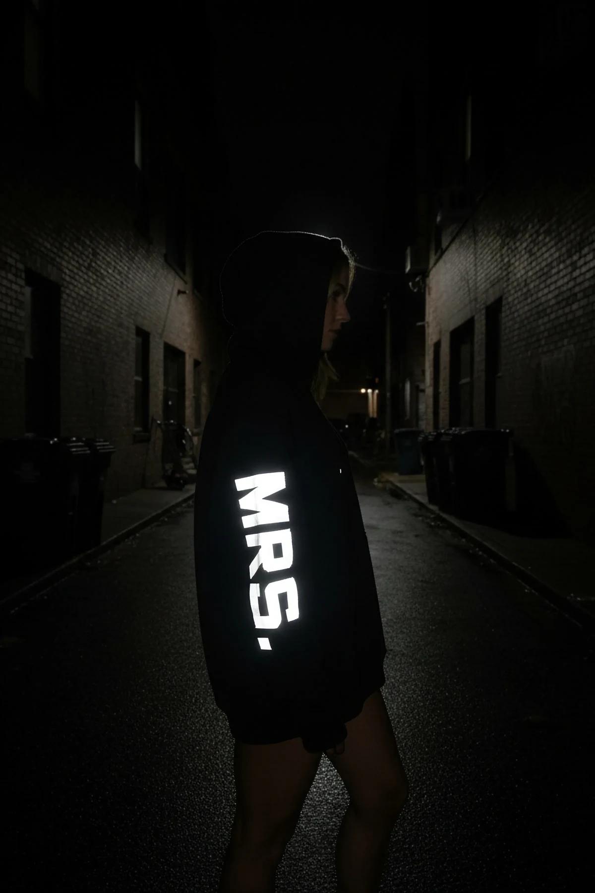 Reflective Mrs. Hoodie black glow-in-the-dark sleeve print festival outfit nightwear