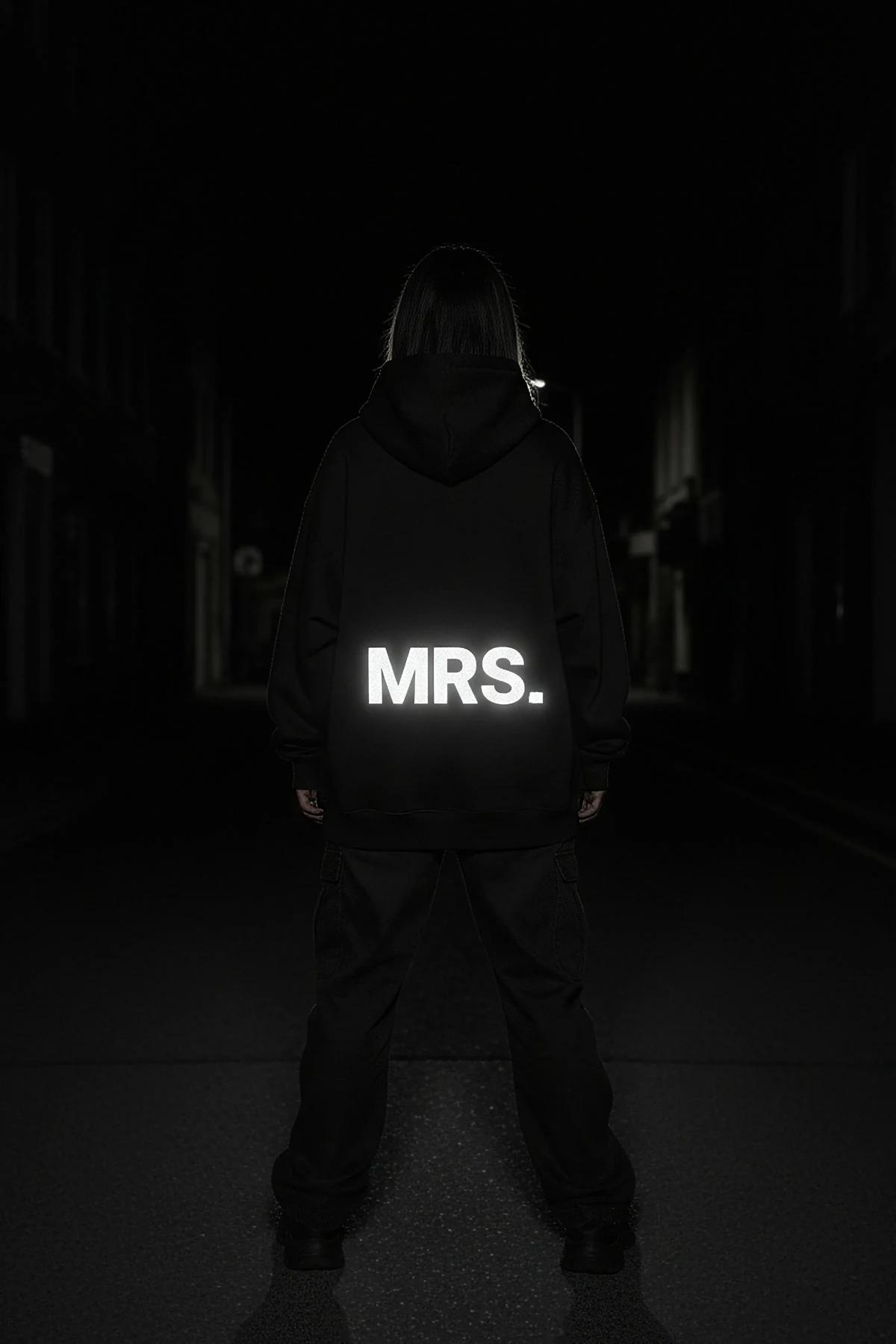 Reflective Mrs. Hoodie black glow-in-the-dark back print festival outfit