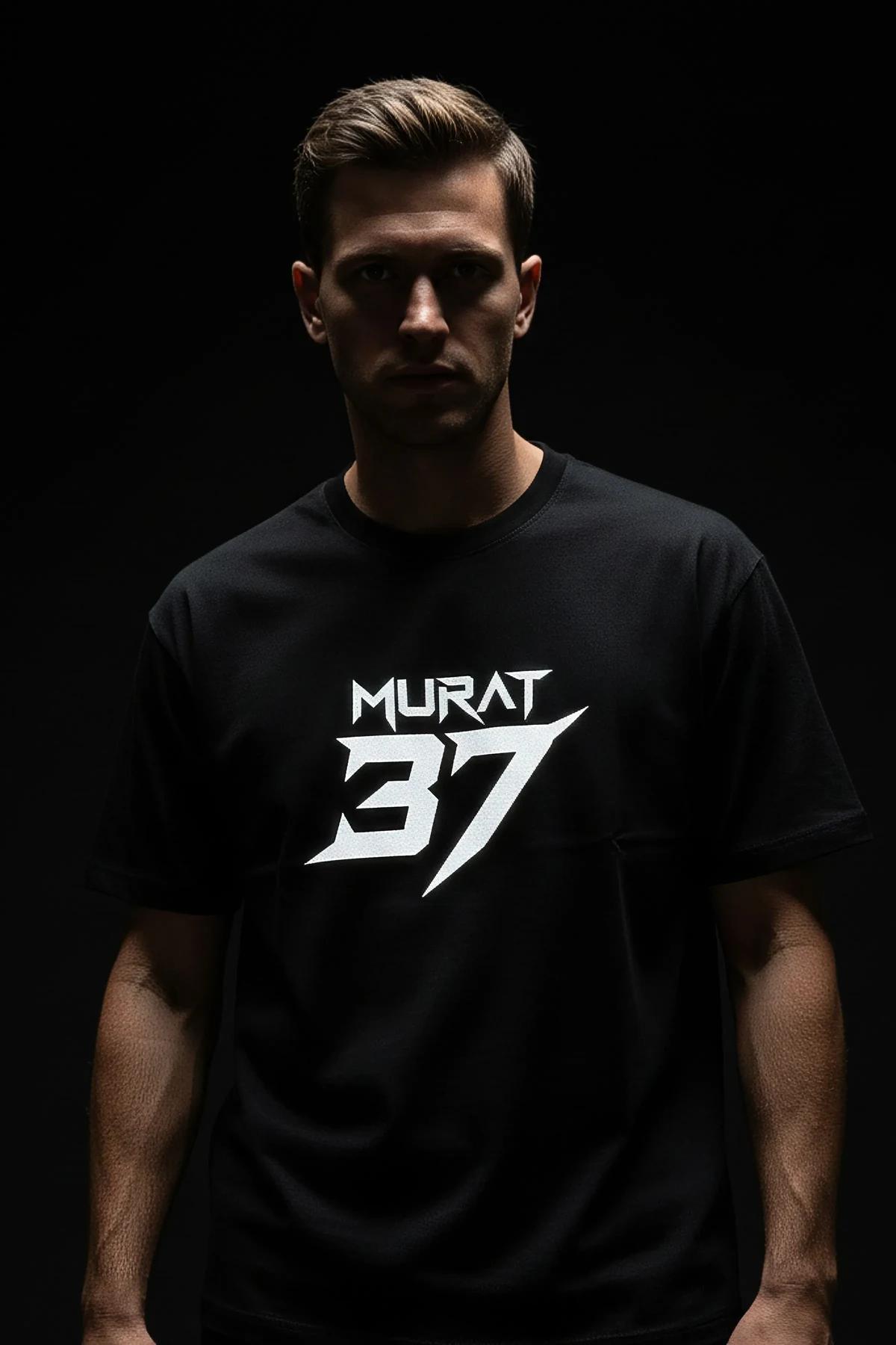 Black Reflective Graphic T-Shirt Men Streetwear Style Murat 37 Logo Print