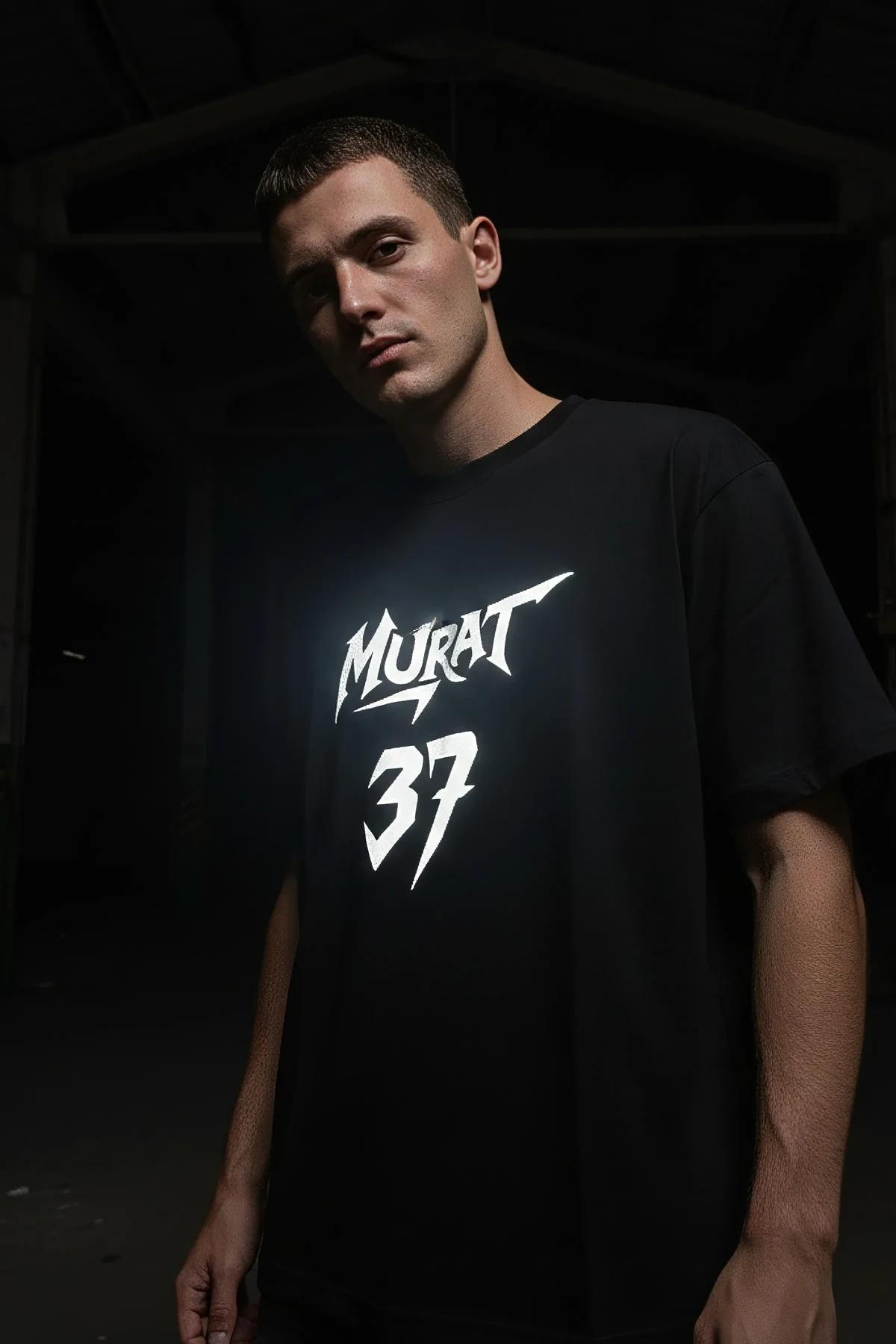 Black Reflective Graphic T-Shirt Men Streetwear Style Murat 37 Logo Print