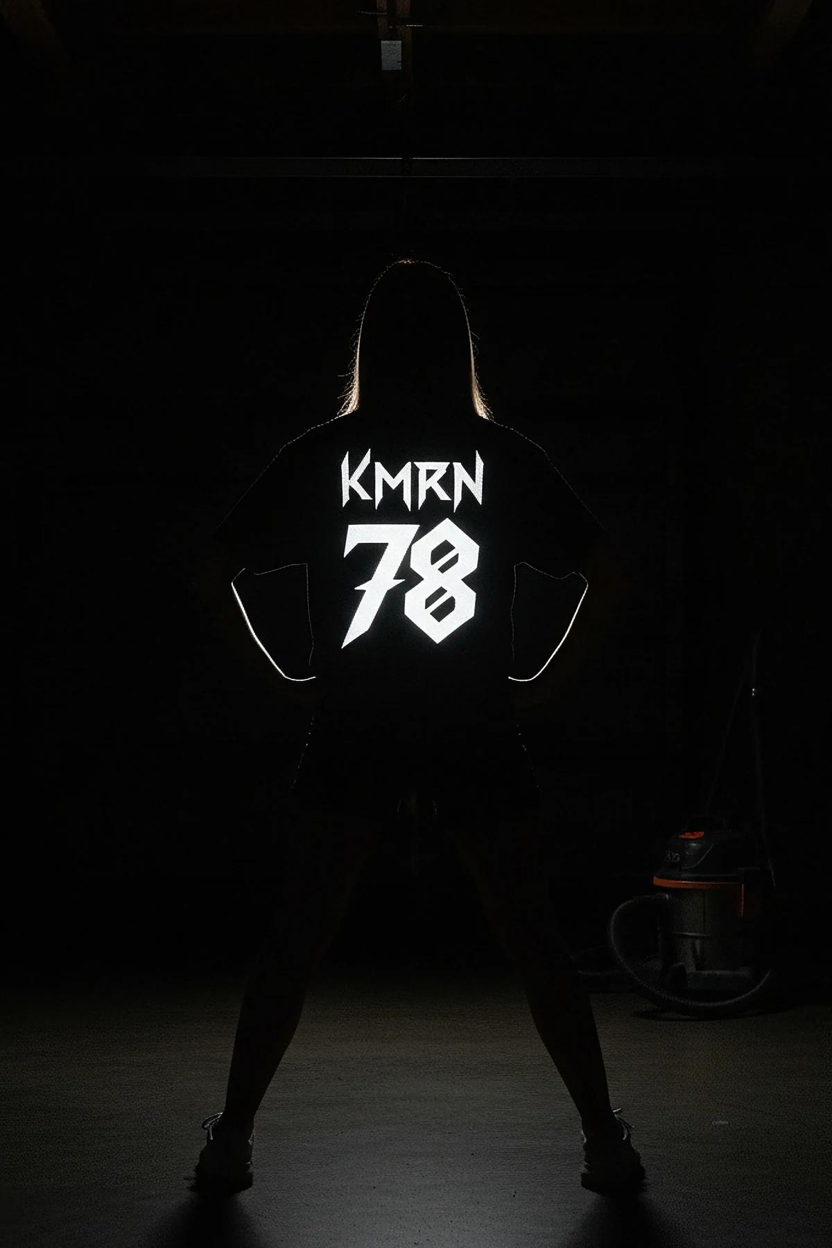 Black Reflective Graphic T-Shirt with White KMRN 78 Print on Back