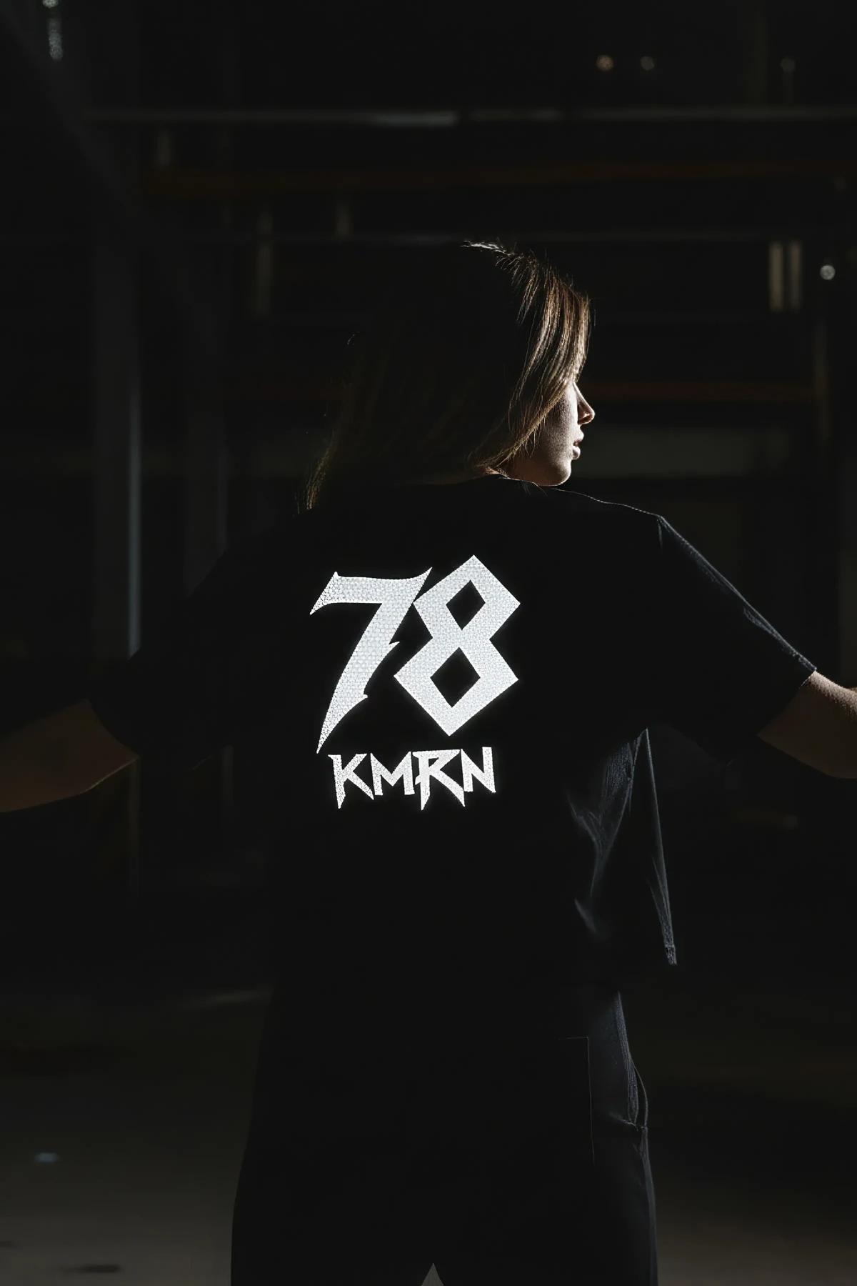 Black Reflective Graphic T-Shirt with White KMRN 78 Print on Back
