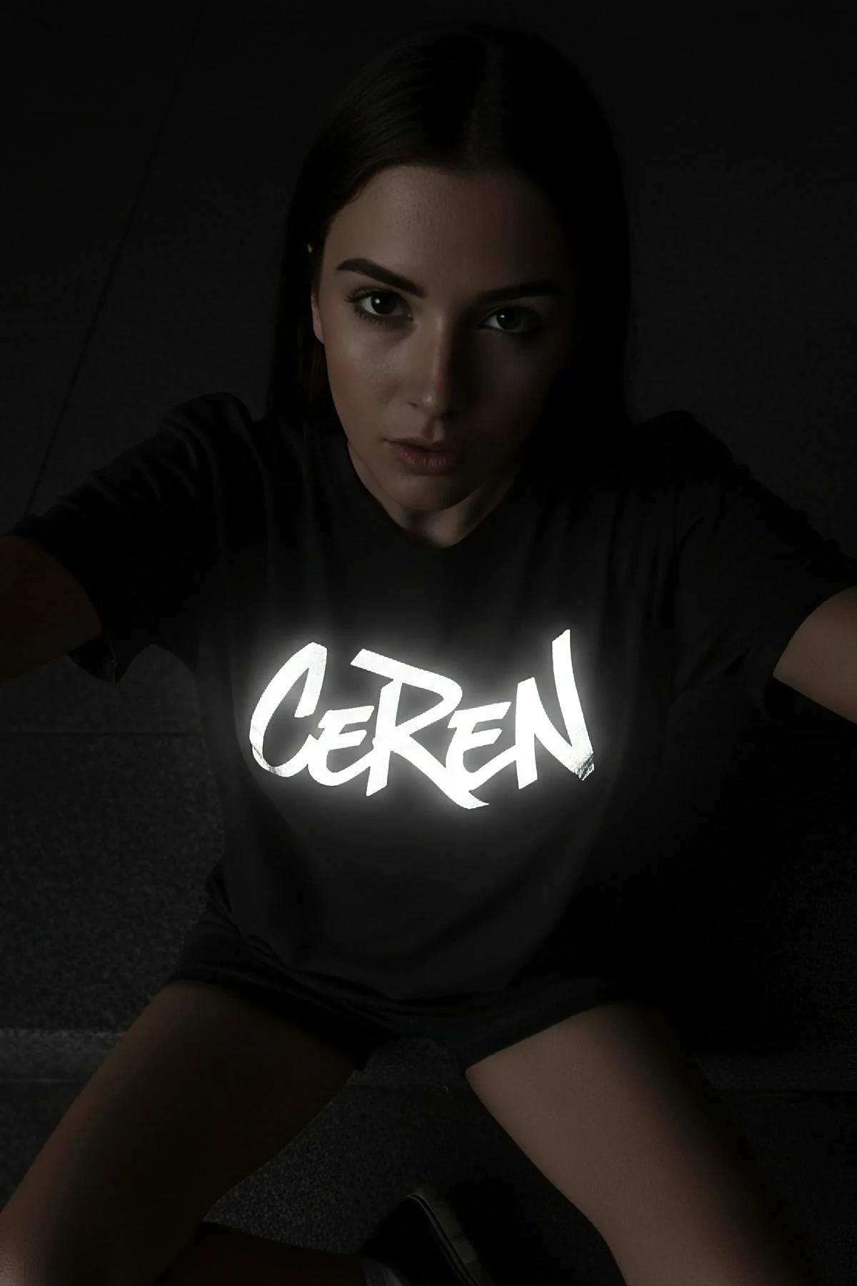 Reflektörlü Baskılı Gri Oversize Kadın T-Shirt - 6