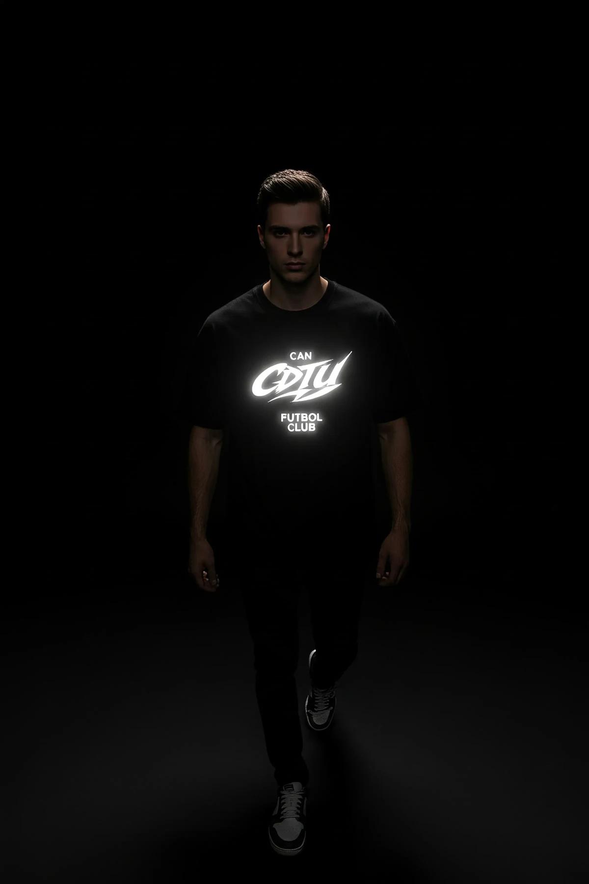 Black Reflective T-Shirt with Glowing Logo Print Women's Custom E-Sports Club Design