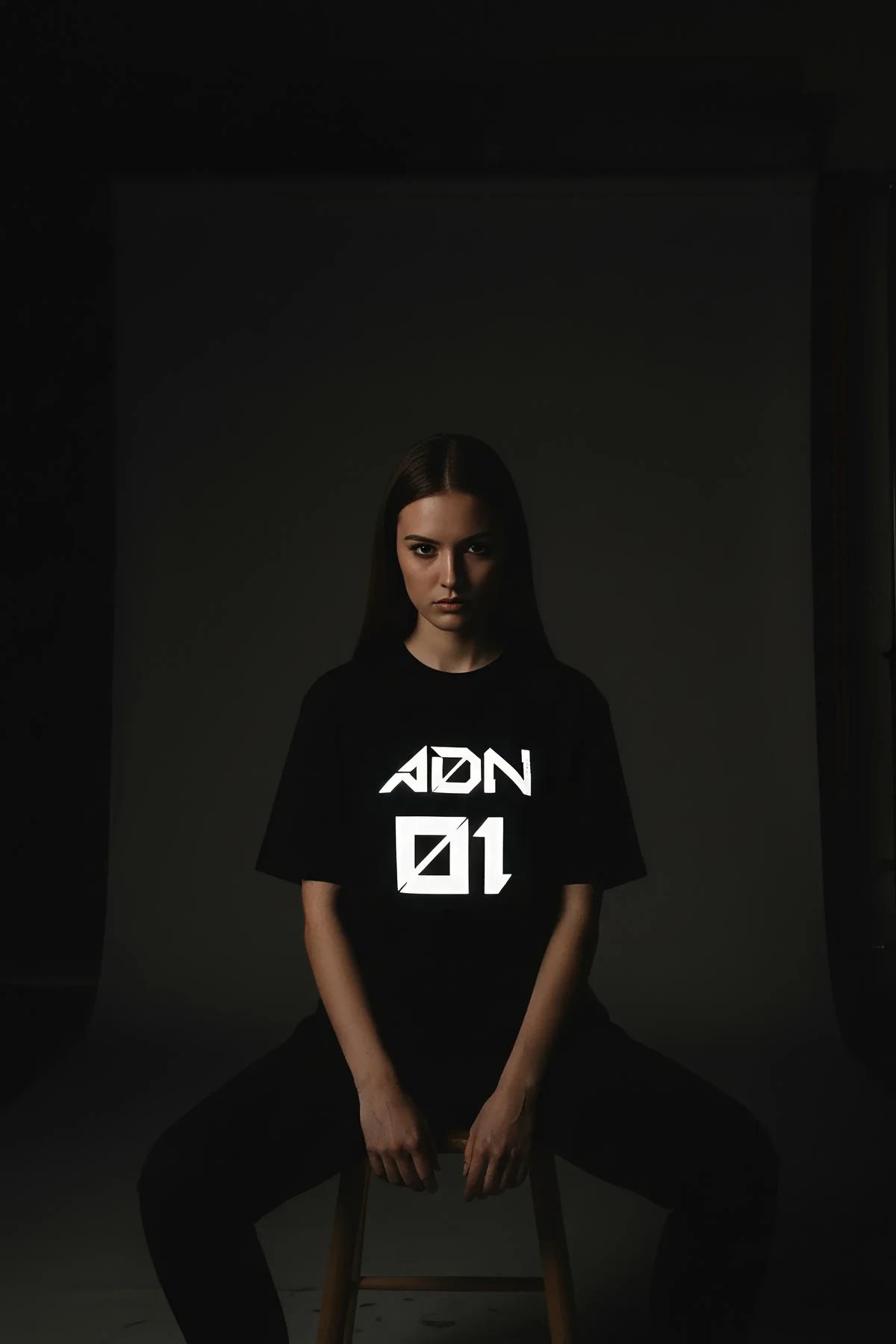 Black oversized t-shirt with white reflective 'ADN 01' graphic on front, worn by a woman.