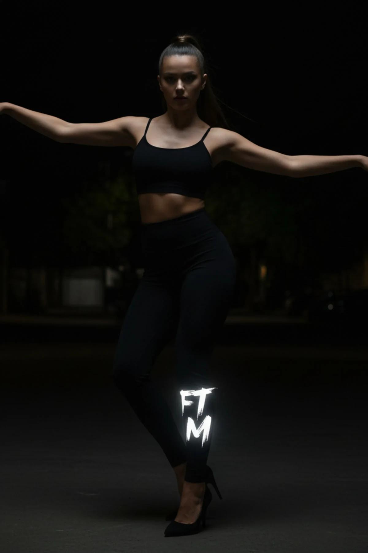 Black High-Waisted Reflective Leggings with Glowing FT M Logo Women Nightwear