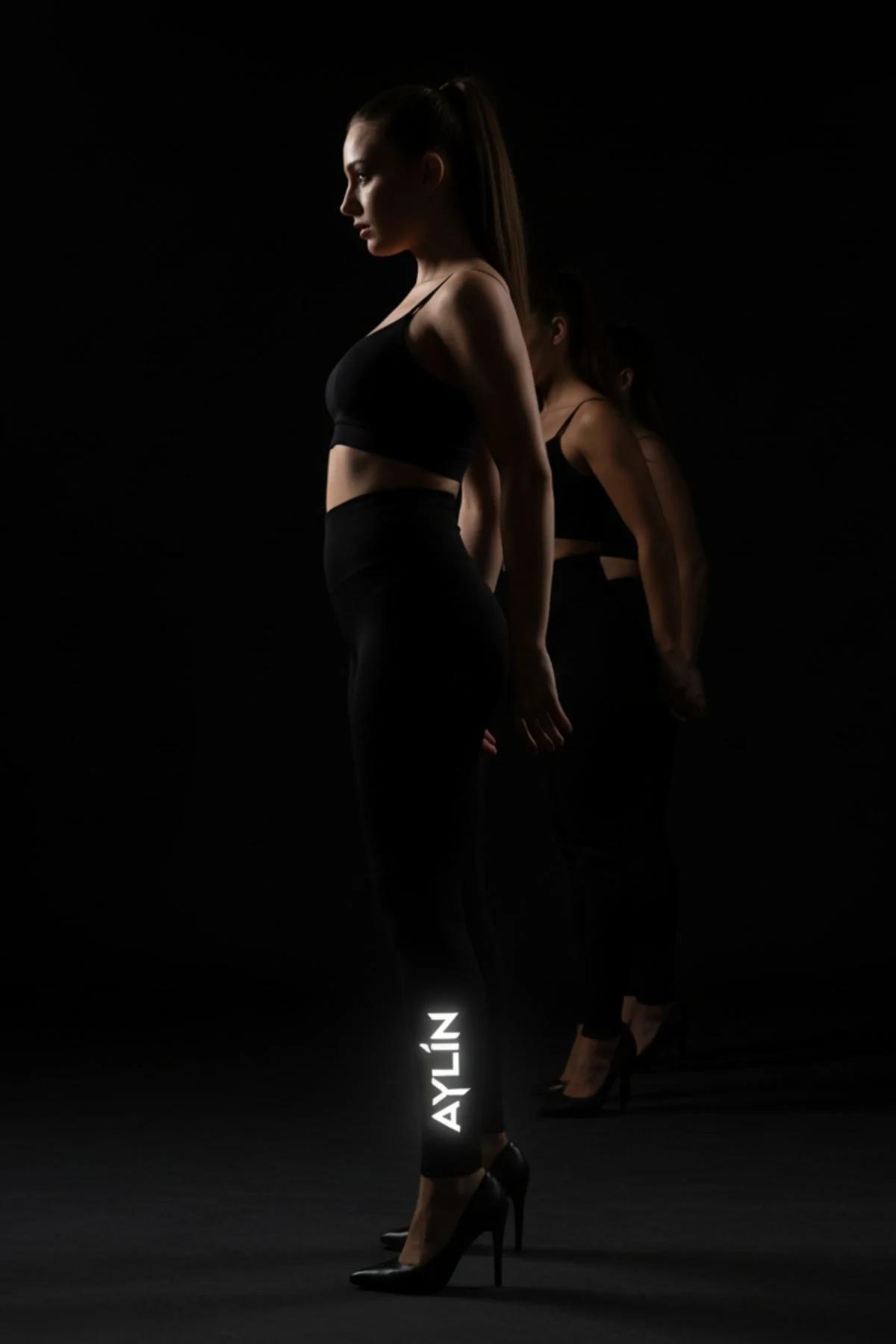 Black High-Waisted Reflective Leggings with Glowing FT M Logo Women Nightwear