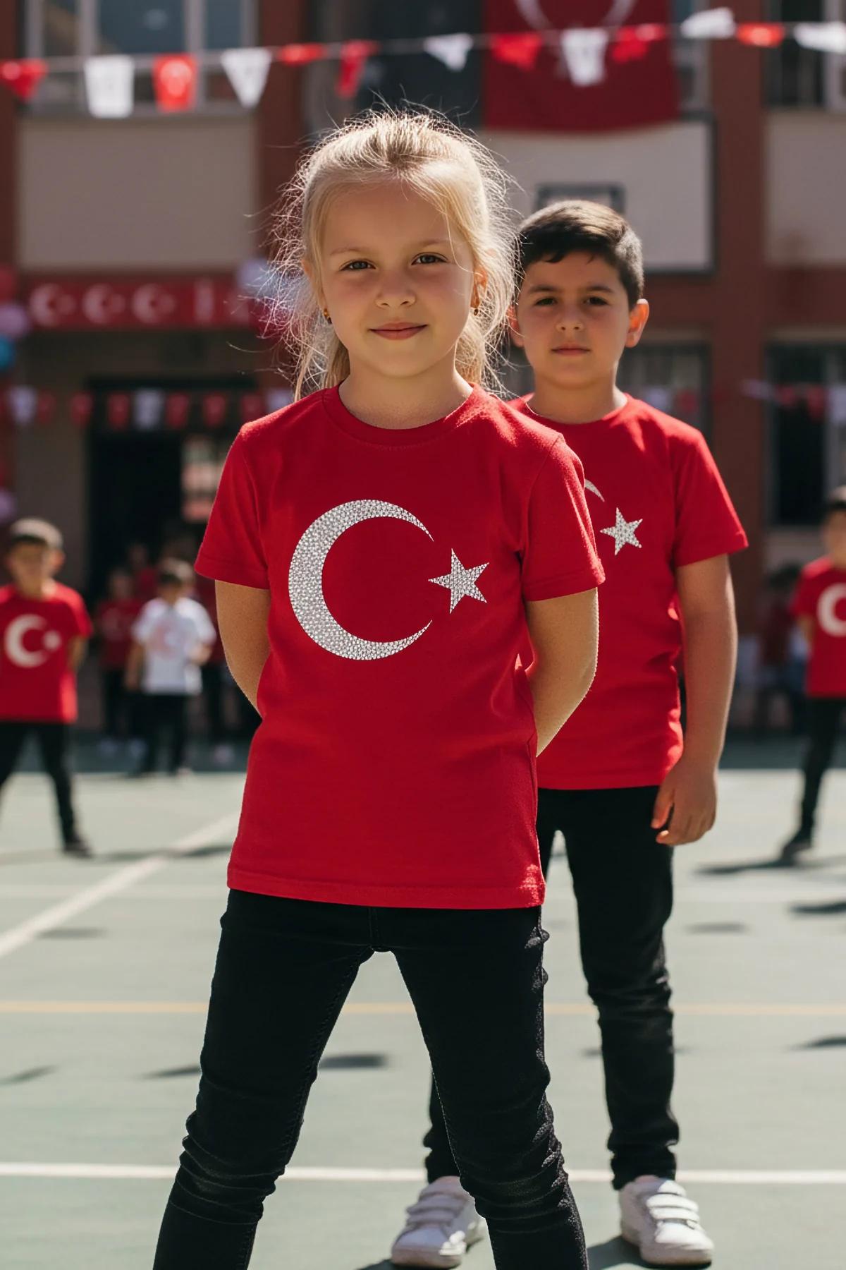 Sparkling crescent moon and star outfit red kids t-shirt