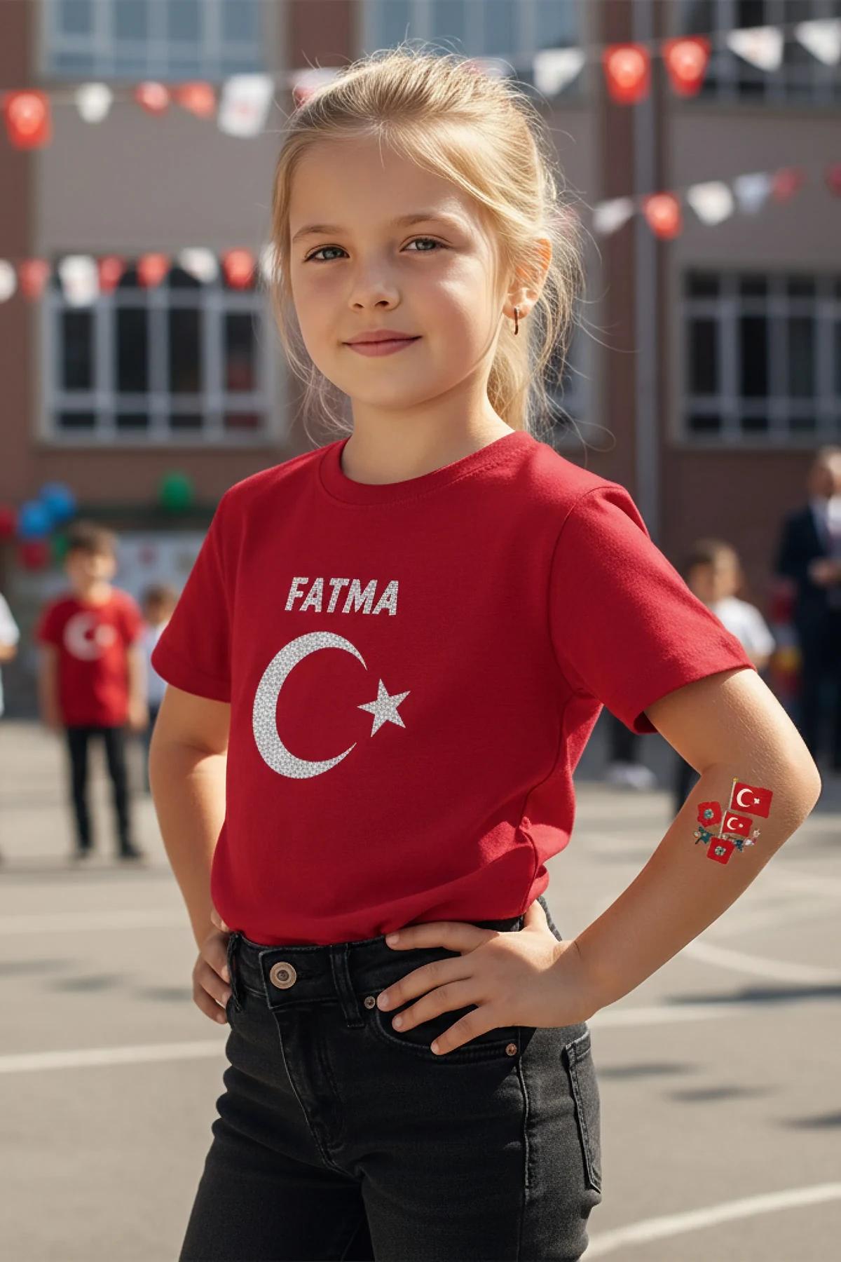 Red t-shirt with sparkling crescent moon and star with name FATMA and flag tattoos