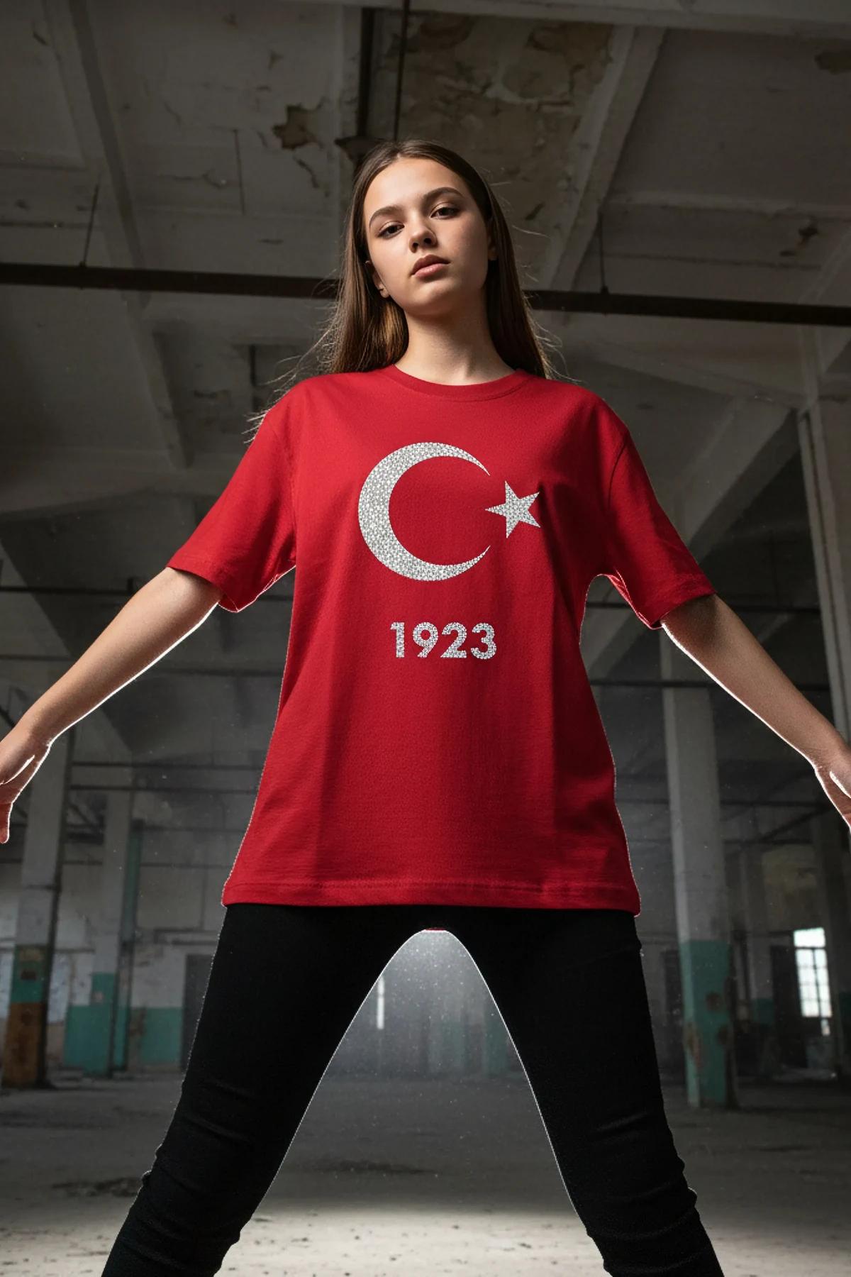 Red T-Shirt with Sparkling Crescent Moon, Star, and '1923' Emblem