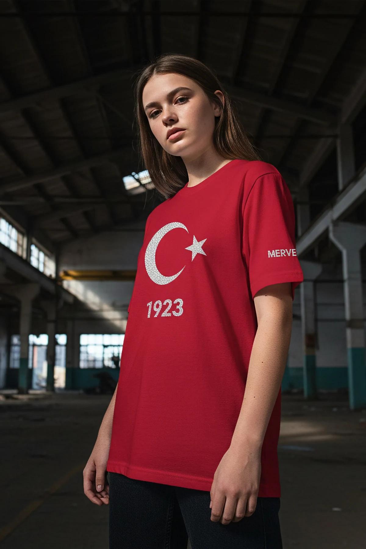 Red T-Shirt with Sparkling Crescent Moon, Star, and '1923' Emblem
