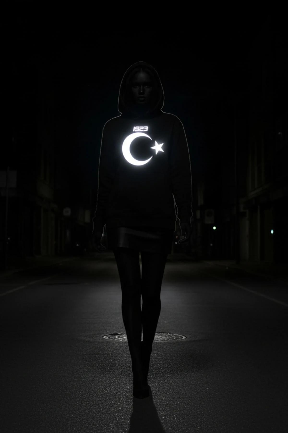 Sparkling crescent moon hoodie outfit featuring a reflected moon and star graphic