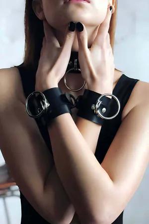 Black Faux Leather Choker Collar and Cuffs Set with Silver O-Rings