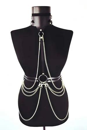 Black faux leather body harness with choker and silver chains