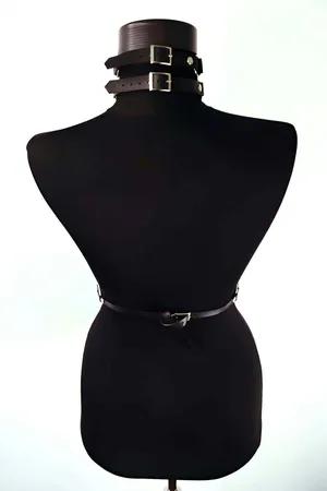 Black faux leather body harness with choker and silver chains