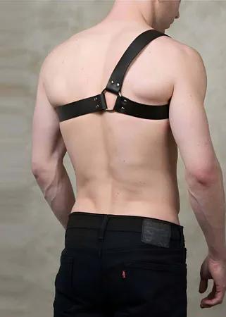 Black Faux Leather Asymmetric Chest Harness with Silver O-Ring on Model