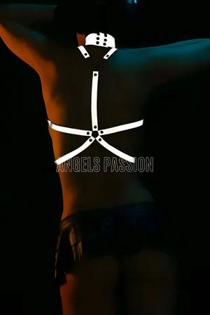 Reflective Chest Harness & Choker Set White Straps O-Rings