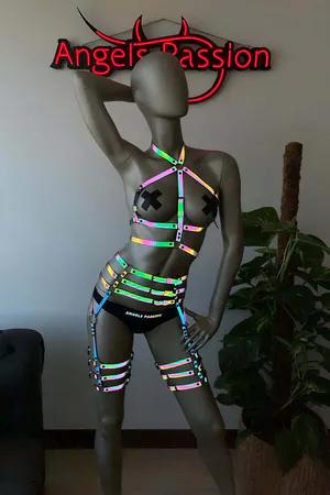 Holographic Reflective Full Body Harness Women Adjustable Straps Thigh Garters