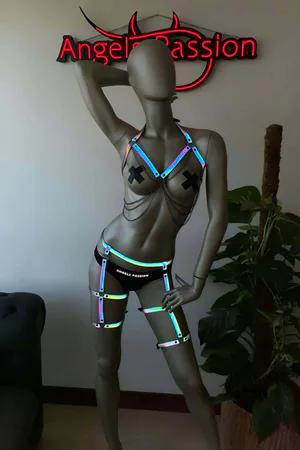 Reflective Rainbow Body Harness Set Women Adjustable Straps O-Ring Hardware