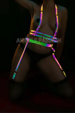 Rainbow reflective body harness and garter set on model