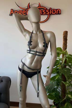 Rainbow reflective body harness and garter set on model