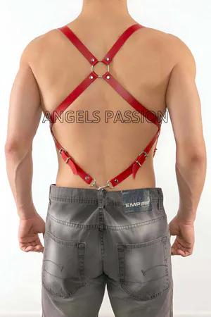 Red Faux Leather Back Body Harness for Women with Silver O-Ring and Adjustable Straps
