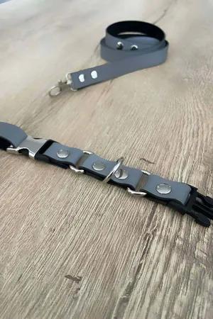Grey Reflective Vegan Leather Harness Collar with Silver D-Ring and Matching Snap Leash