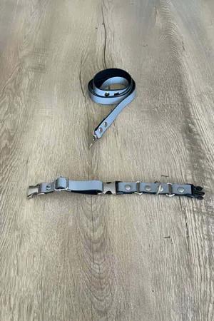 Grey Reflective Vegan Leather Harness Collar with Silver D-Ring and Matching Snap Leash