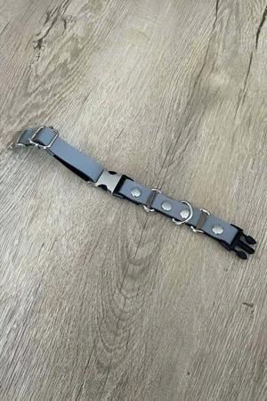 Grey Reflective Vegan Leather Harness Collar with Silver D-Ring and Matching Snap Leash