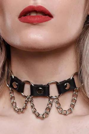 Black Faux Leather O-Ring Choker Necklace with Draping Silver Chains