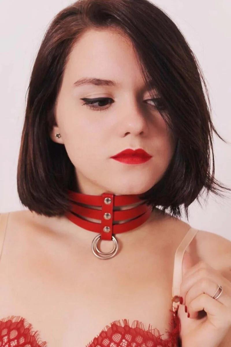 Red Faux Leather Choker Necklace Women Triple Strap Silver O-Ring Front View
