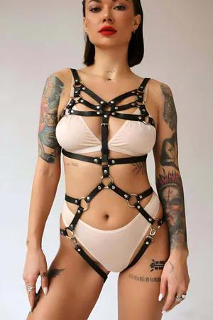 Black faux leather strappy full body harness with O-ring accents