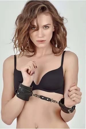 Black Faux Leather Wrist Cuffs with Connector Chain Adjustable Buckle
