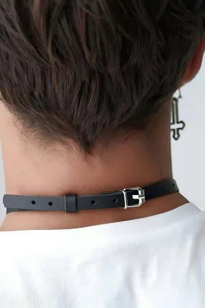 Black Faux Leather Choker Collar with Bow Detail Adjustable Strap