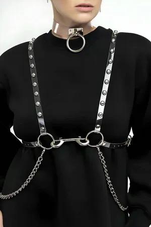 Gümüş metal detaylı şeffaf PVC vücut harness ve choker seti