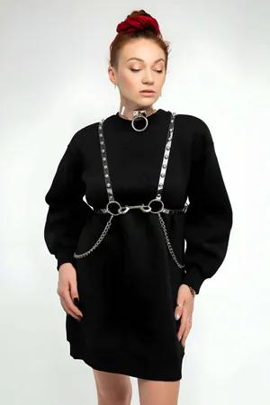 Gümüş metal detaylı şeffaf PVC vücut harness ve choker seti