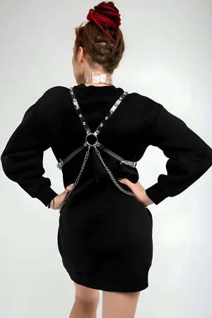 Gümüş metal detaylı şeffaf PVC vücut harness ve choker seti