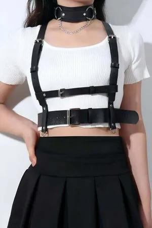Black Faux Leather Chest Harness Women Adjustable Straps Central Buckle