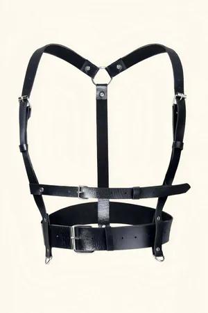 Black Faux Leather Chest Harness Women Adjustable Straps Central Buckle