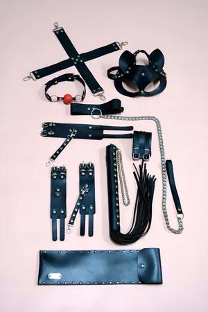 Black Faux Leather Restraint Accessory Kit Cat Mask Flogger Whips