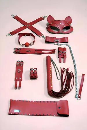 Red Faux Leather Restraint & Accessory Kit Cat Mask Gag